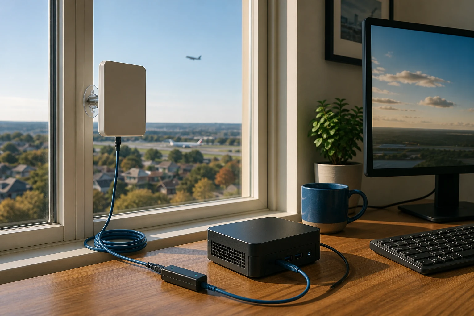 Compact aircraft-signal receiver and antenna in a home office